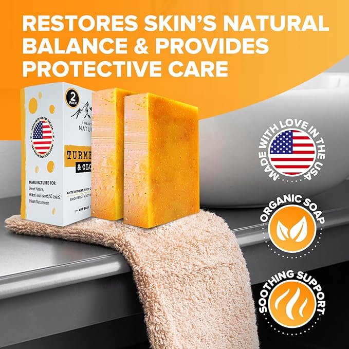 iHeart Nature Turmeric Bar Soap (2-Pack) – Face & Body Cleanser for Dark Spots – Clove Essential Oil, Creamy Aromatic Lather