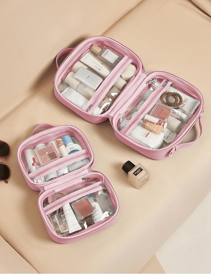 Oaque Clear Cosmetic Bag Double Layer Travel Toiletry Bag Clear Makeup Bag Case with 4 Compartments, Transparent Travel Bag for Toiletries, Large Toiletry Bag for Women Cosmetic Case (Pink, Small)