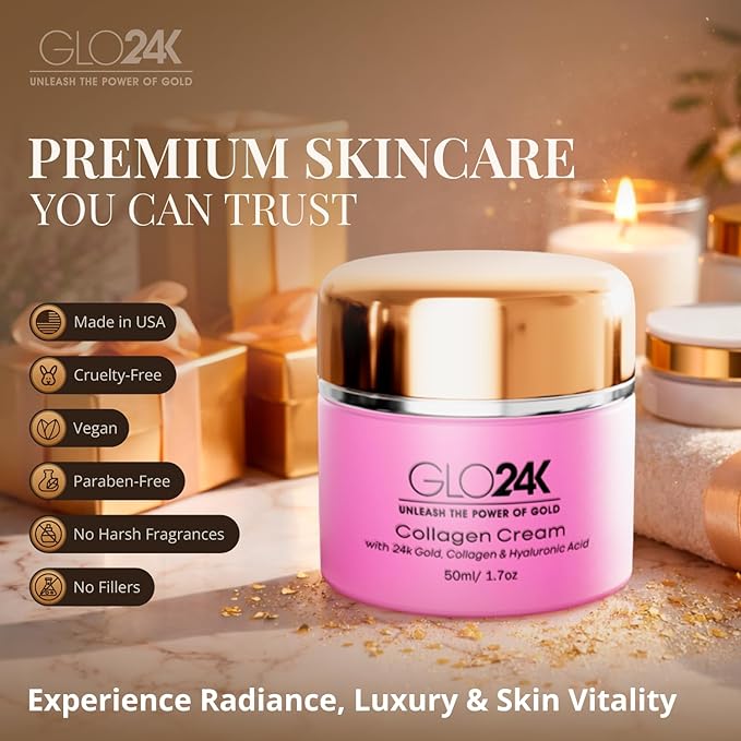 GLO24K Moisturizer Face Cream with 24K Gold, Vitamins – Collagen Retinol Hyaluronic Acid – Hyaluron Acid Cream for Hydration & Overnight Skin Renewal, Night Cream
