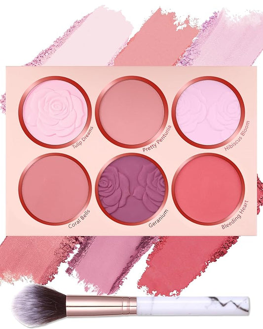 Matte Face Blush Palette with Brush-6 Colors Pink Purple Silky Mineral Blendable Blusher Contour Powder for Cheeks,Longlasting Facial Beauty Cosmetic,Christmas Makeup Gift for Women Girl-Set 01