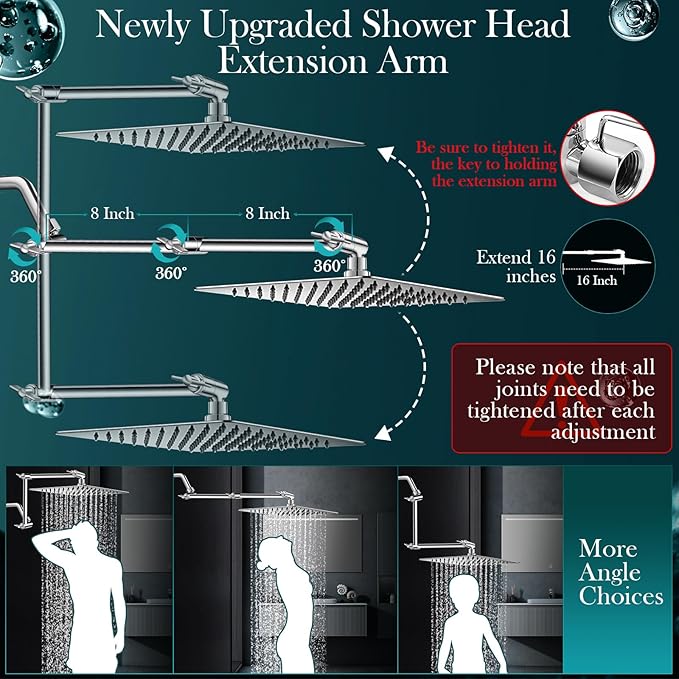 12'' Rain Shower Head Combo, High Pressure Rainfall Shower Head with 16'' Flexible Adjustment of Height/Angle Upgraded Extension Arm and 5 Setting Spray Handheld Shower Head, Anti-leak (Chrome)
