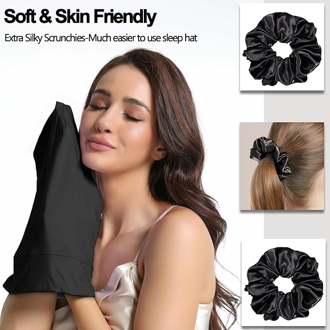 Satin Bonnet for Sleeping Night Cap, Adjustable Satin Lined Silk Bonnets Sleep Cap for Curly Hair Braids Beanie Black Women