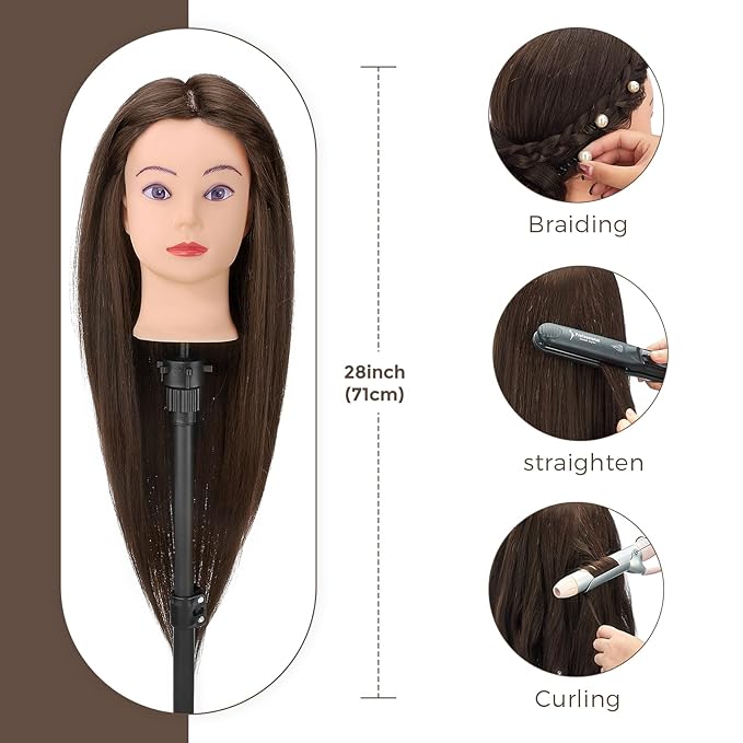 28" Mannequin Head with 80% Real Hair,Cosmetology Manikin Practice Doll Head,Braiding Head with Tripod Stand with Table Clamp + DIY Hair Styling Set #4