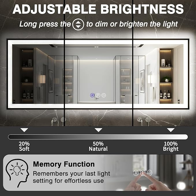 24x32 LED Bathroom Mirror, Black Aluminum Framed, Backlit + Front-Lit, 3 Colors Temperature Changeable, Dimmable Vanity Mirror, Tempered Glass, Defog, Waterproof, Memory (Horizontal/Vertical)