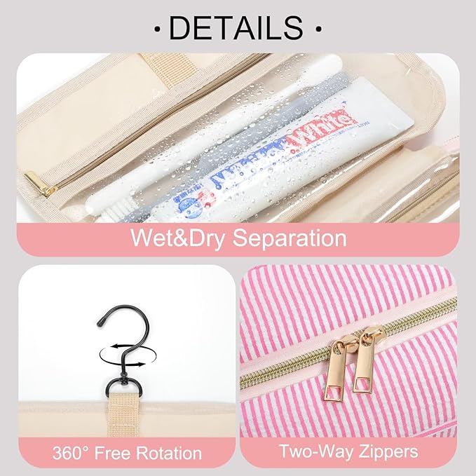 TOPEAST Hanging Toiletry Bag for Women - Travel Toiletry Bag Makeup Bag, Portable Toiletries Cosmetic Bag, Airplane Travel Essentials - Letter W, Pink