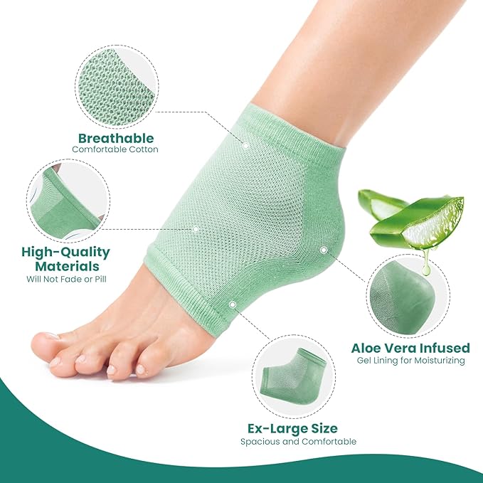 Welnove Moisturizing Heel Socks - 2 Pairs Aloe Vera Extract Infused Gel Lining for Dry Feet - Cracked Heel Repair Treatment - Cotton Socks for Women Men Foot Care (Green, Extra Large)