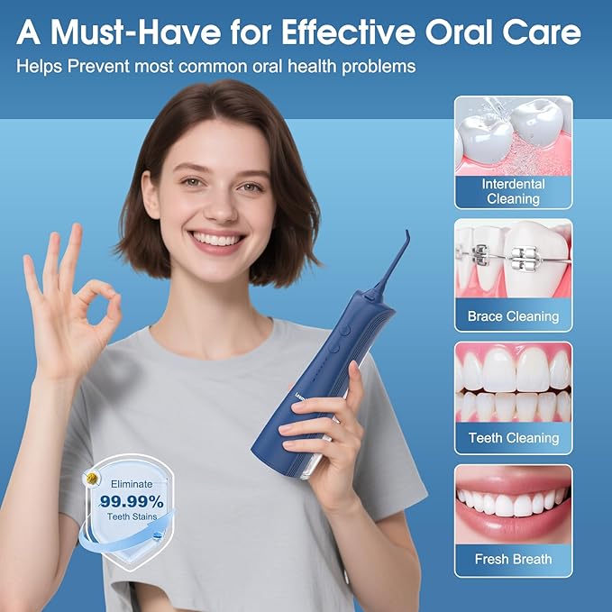 Leominor Water Flosser - 5 Modes Cordless Portable Oral Irrigator, IPX7 Waterproof, Rechargeable Teeth Cleaner Professional Flossing Cleaning Pick for Home Travel (D Blue)