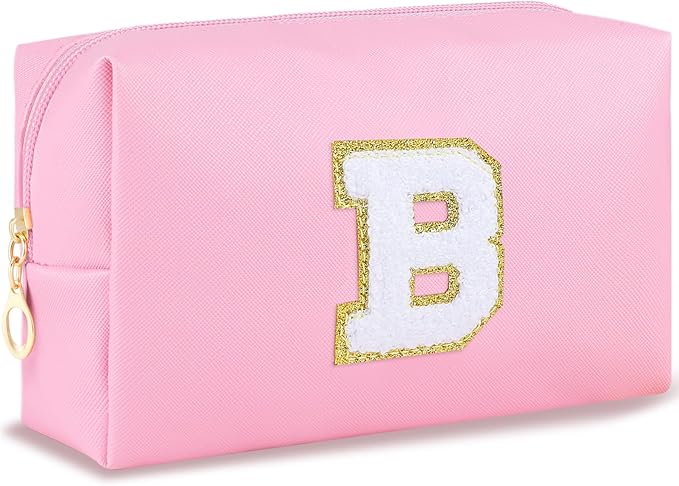 URSKYTOUS Initial Makeup Bag Personalized Preppy Travel Small Cosmetic Bag Cute PU Pink Chenille Letter Makeup Pouch for Purse Waterproof Zippered Toiletry Organizer for Women Girls Kids Friends（B）
