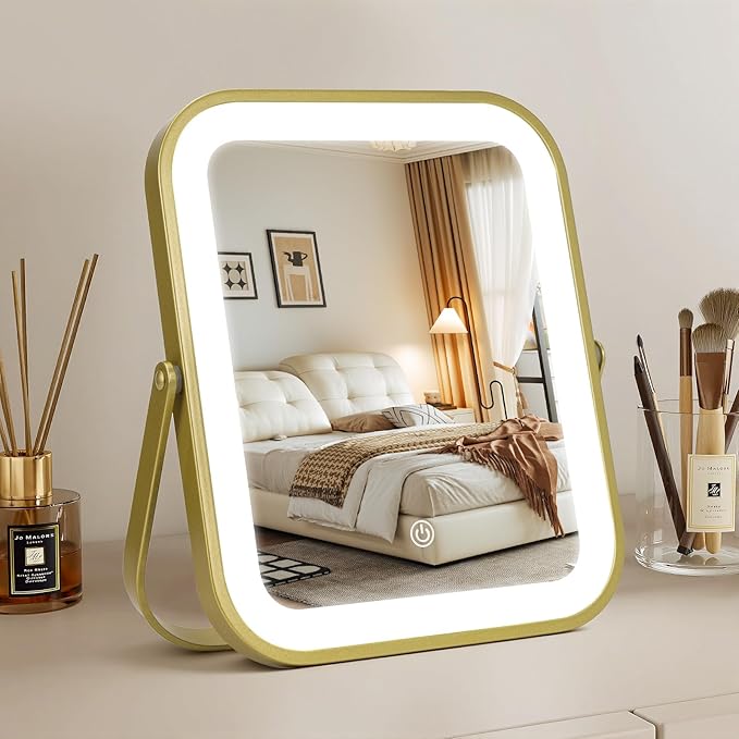 Vanity Mirror with Lights, 10"×8" Makeup Mirror with lights Built-in 1500mAH Battery, HD Mirror, Smart Touch with 3-Color Lighting, Dimmable, Desk Mirror, Women Gift, Travel Essentials (Gold)