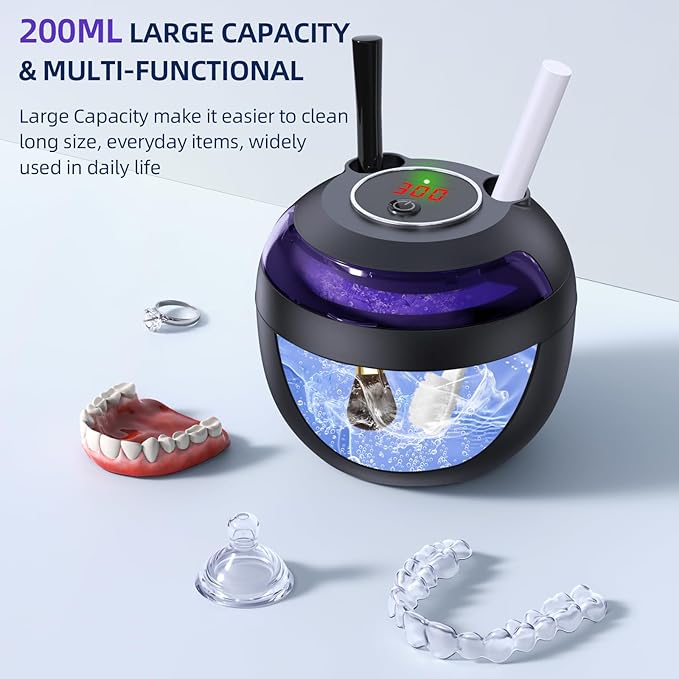 Ultrasonic Retainer Cleaner Machine, 45kHz Ultrasonic Denture Cleaner with 200ML Capacity & 4 Modes for Dental Cleaning Pod, Aligners, Mouthguards, Retainers, Jewelry