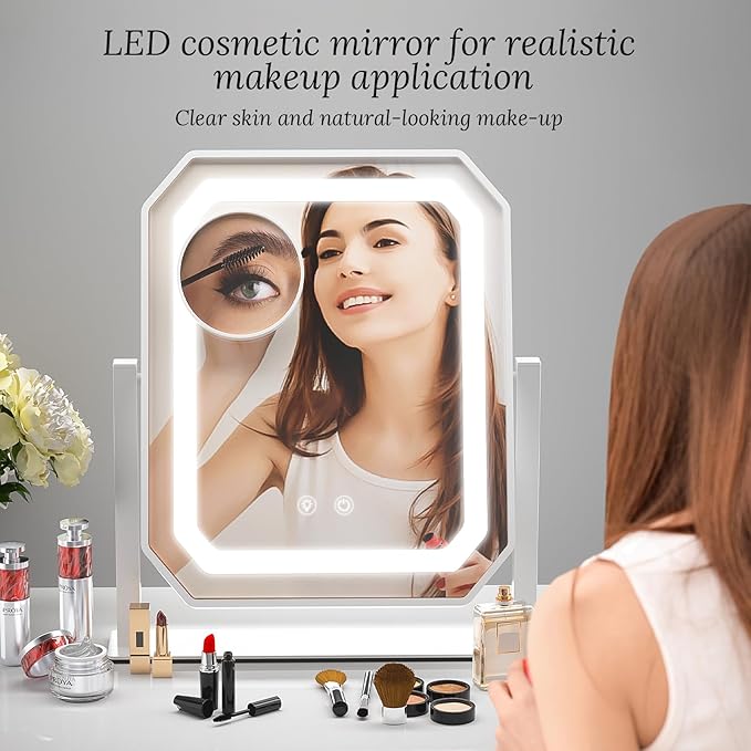 Lighted Makeup Mirror, 3 Colors for Precise Application, Touch Control Brightness Adjustment for Easy Use, with a Detachable 10x Magnifying Mirror, 12" x 10" Hollywood Vanity Mirror for Plug-in Use