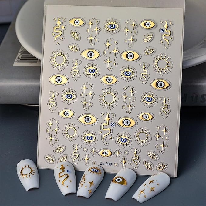 Gold Nail Art Stickers 5D Embossed Star Nail Decals for Nail Art Designs Gold Eyes Nail Stickers Decals Self Adhesive Star Moon Nails Supplies for Women Girls DIY Nail Decorations