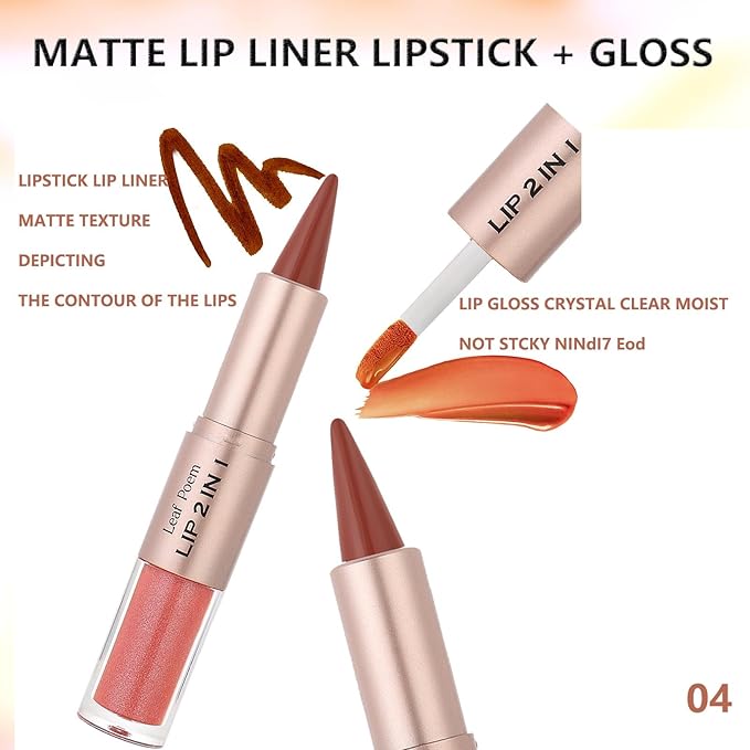 Red Brown Lip Liner and Gloss Set, Plumping Lipgloss Lip Combo Sets for Black Women,Lip Kit with Lip Liner and Gloss, Long Lasting High Pigmented Lip Kit, Waterproof Lip Combo Makeup #6 (04)