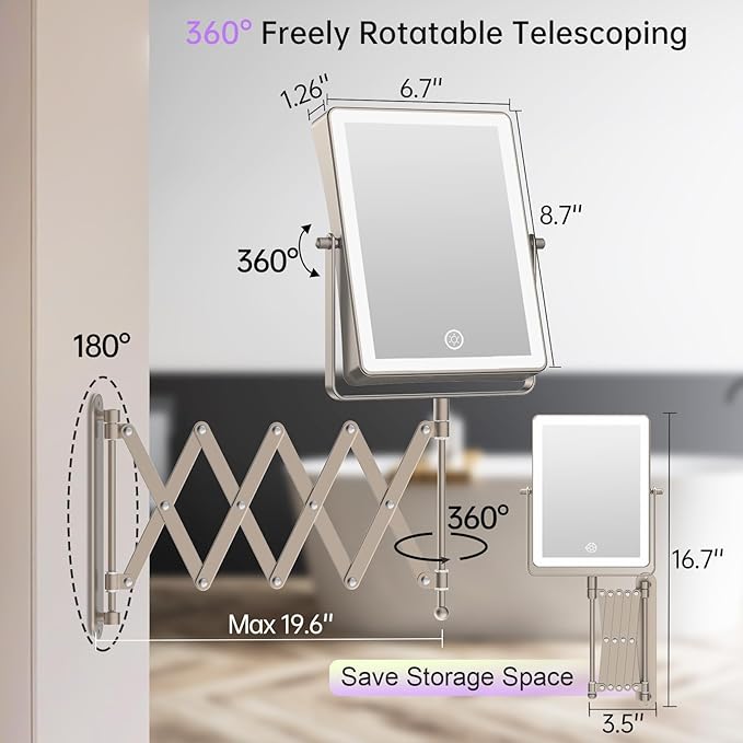 FASCINATE 5000mAh Rechargeable Wall Mounted Makeup Mirror with Lights, 8.7 Inch Double Sided Touch Switch 1X 30X Magnifying Bathroom Mirror, 3 Color Lights, Extended Arm 360°Rotation (Nickel)