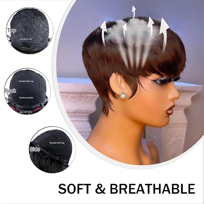 Pixie Cut Wig For Black Women Brazilian Virgin Human Hair Short Blonde Hair Straight Layered Full Machine Made Non Lace Front Glueless Wig 4#