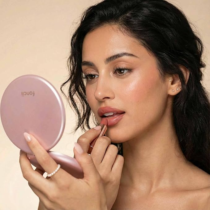 Fancii Taylor LED Lighted Travel Makeup Mirror, Rechargeable with 10x/1x Magnifying & 3 Light Settings - Compact, Portable, Large 5” Wide Hand Mirror for Handbag and Purses (Rose Gold)