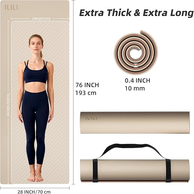 ILILI Yoga Mat 10mm Extra Thick and 193cm Extra Long, 76x28×0.4 Inch, Double Color Non-Slip TPE Material, Easy Carrying with Strap, Ideal for Yoga, Pilates, Floor Exercise, Home and Outdoor Use, Eco Friendly