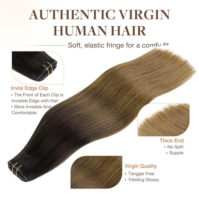 GOO GOO Invisi Edge Clip in Hair Extensions, 18inch 110g 7Pcs, Injected Seamless PU Clip in Hair Extensions, Virgin Real Human Hair, #1D/2C/4E Chocolate Dip Color Melt