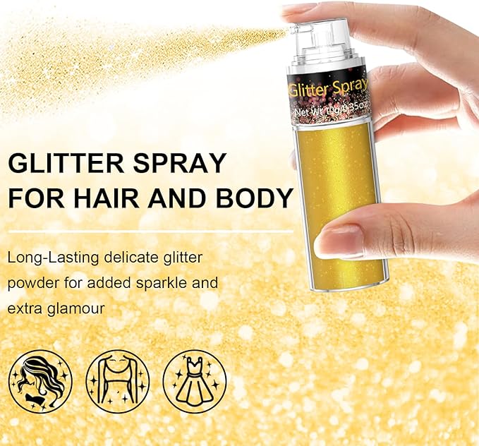 Champagne Gold Body Glitter Spray 10g, Holographic Shimmer Mist for Hair, Face Body, Long-Lasting Festival and Party Makeup Glitter, New Year Eve Glow, DIY Sparkle Powder for Crafts