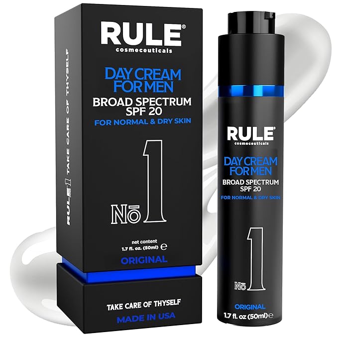 RULE COSMECEUTICALS No.1 Day Cream for Men, 10-in-1 Anti-Aging Face Moisturizer to Reduce Wrinkles & Dryness, SPF 20, Collagen, Vitamins B, C & E - Normal & Dry Skin - Original, 50 mL