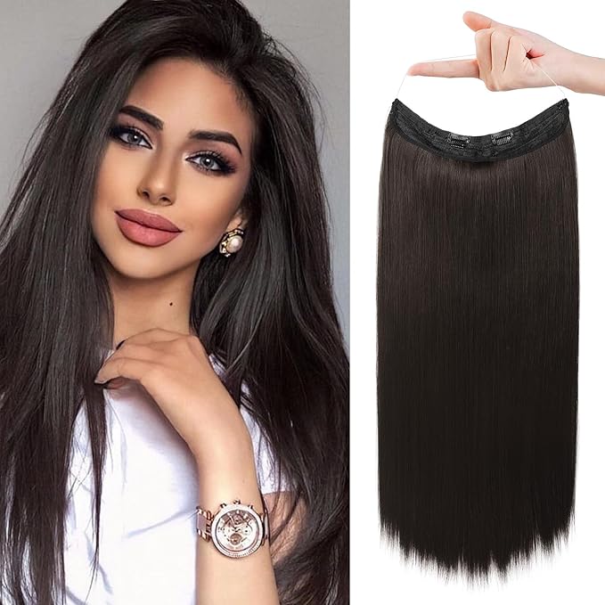REECHO Invisible Wire Hair Extensions with Transparent Headband Adjustable Size Removable Secure Clips in Straight Secret Hairpiece for Women (24 Inch (Pack of 1), Darkest Brown)