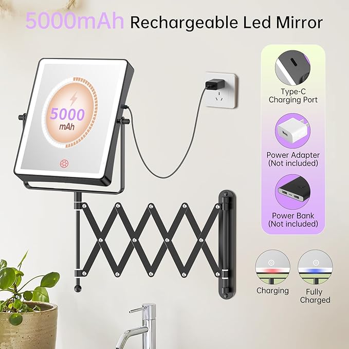 FASCINATE 5000mAh Rechargeable Wall Mounted Makeup Mirror with Lights, 8.7 Inch Double Sided Touch Switch 1X 30X Magnifying Bathroom Mirror, 3 Color Lights, Extended Arm 360°Rotation (Black)