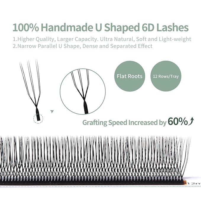 DeceMars U Shaped 6D Eyelash Extensions Premade Fan Russian Volume Crisscross Eyelashes Natural Soft Handwoven False Eye Lashes Double W Lashes Mesh Wispy Clusters (Matte Black-0.07mm-L+, 12mm)