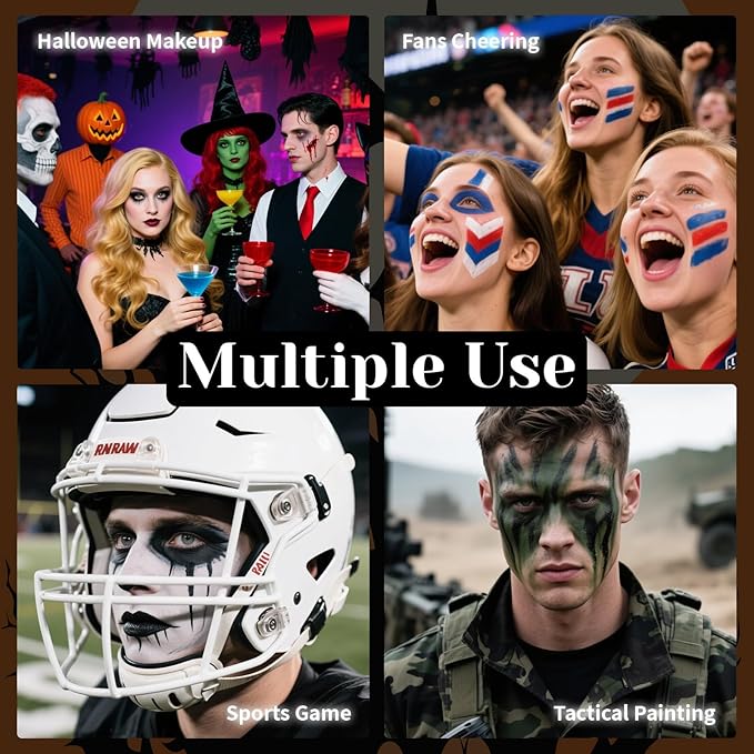 Black White Green Face Body Paint Stick Set with Translucent Setting Powder and Sponges, Professional Full Coverage Face Painting for Adults Halloween Cosplay SFX Skeleton Witch Hulk Makeup