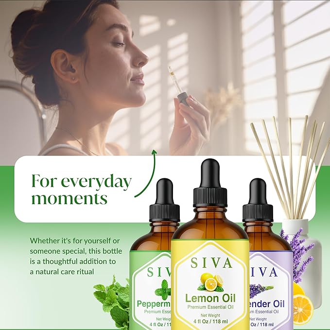 Siva Lemon, Peppermint and Lavender Essential Oil 4oz Bundle Super Saver Combo – Premium Grade Value Set for Aromatherapy, Skincare and Haircare