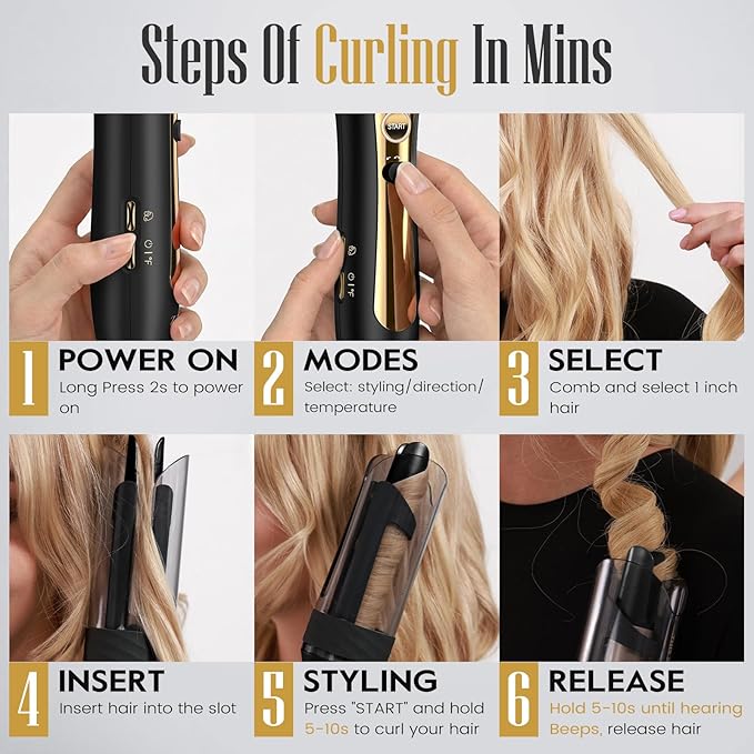 Zavarea Automatic Rotating Curling Iron for Long Hair - 1 Inch Curling Wand for Beach Waves & Loose Curls, Easy Hair Curler for Beginners, Anti-Scald & Frizz-Free, Dual Voltage for Travel