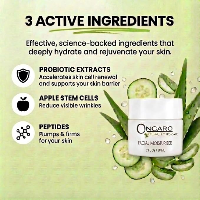 Ongaro Beauty Organic Face Moisturizer - Hydrating Face Cream, Probiotic Moisturizer with Aloe Vera, Vitamin A, C & E - Hyaluronic Acid, Face Lotion for All Skin Types - Nourishes Skin - 2 fl. Oz