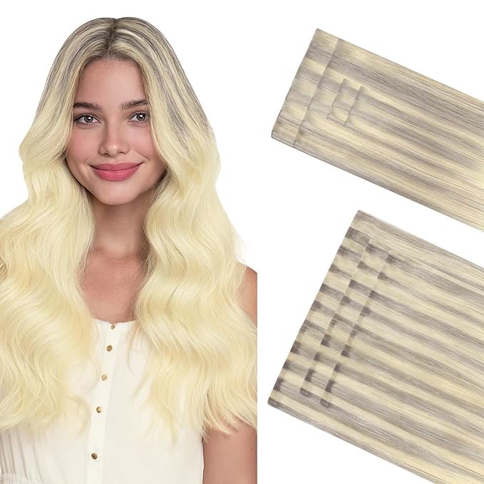 GOO GOO Invisi Edge Clip in Hair Extensions Set, 14inch 110g, 4pcs Injected Seamless PU Clip ins and 3pcs Classical PU Clip ins, Virgin Real Human Hair, #(T17/22) P60