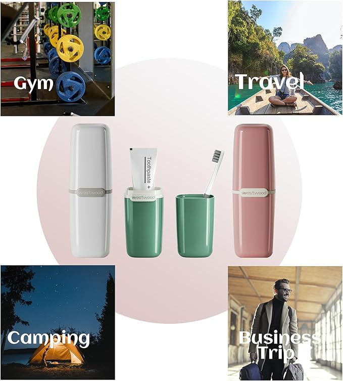 Green Toothbrush Travel Case, Portable Travel Toothbrush & Toothpaste Holder Cover Organizer Container with Mouthwash Cup for School, Camping, Business Trip, Bathroom Storage