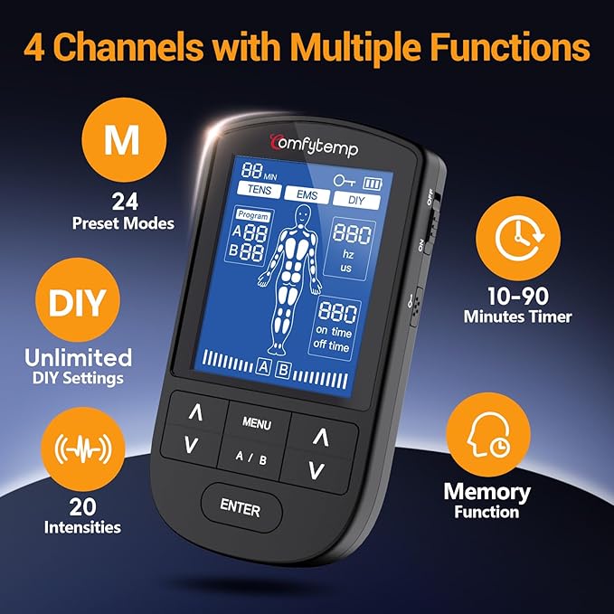 Comfytemp 4 Outputs TENS Unit for Sciatica Cover Multiple Parts, FSA HSA Eligible Rechargeable EMS&Massage TENS Unit Muscle Stimulator for Pain Relief with 24 Modes and DIY for Back, Shoulder, Neck