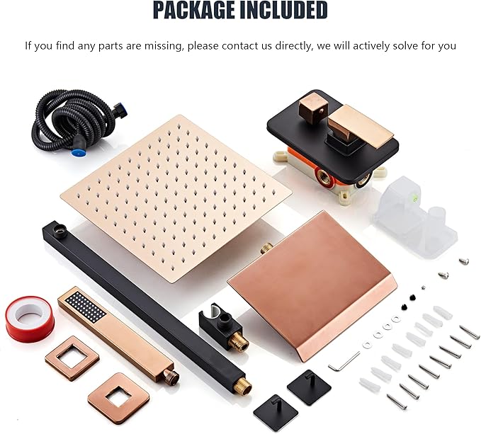 LCEVCGK Shower Faucet Set with Tub Spout, Matte Black and Rose Gold Rainfall Shower System Complete Wall Mounted for Bathroom with 12 Inch Square Shower Head and Handheld Shower Head Rain Mixer Combo