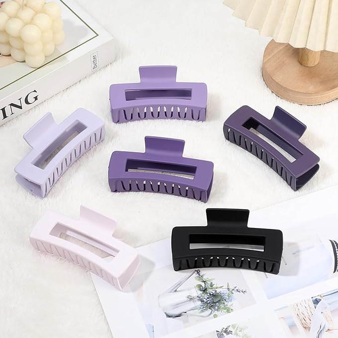 4 Inch Big Hair Claw Clips 6 Pcs Large Claw for Thick Hair Square Hair Clips for Women Rectangle Hair Clips Nonslip Acrylic Banana Jaw Clips Hair Accessories for Girls (Purple)