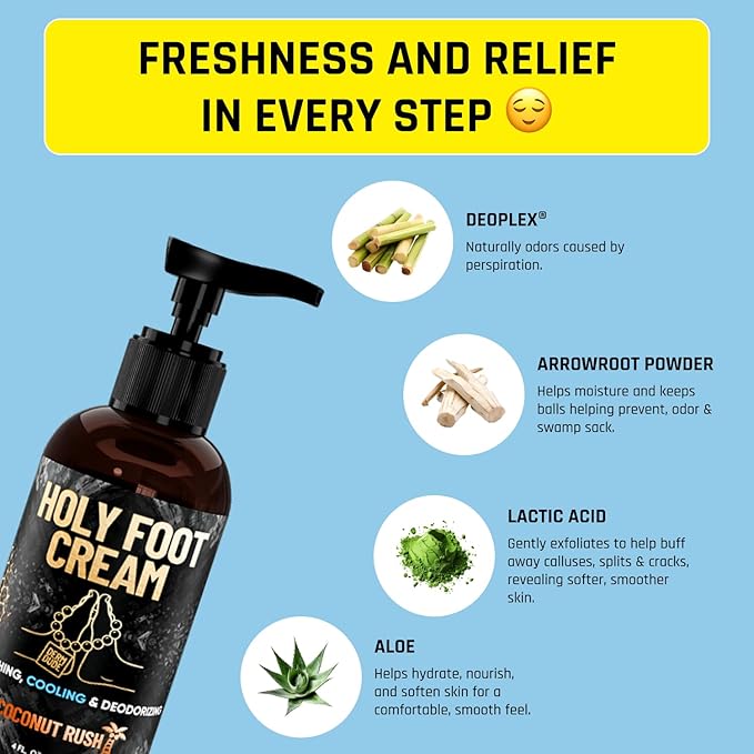 Derm Dude Holy Foot Cream | Daily Moisturizing Foot Cream with DeoPlex for Freshness & Arrowroot for Lightweight Hydration | Coconut Rush Scent 4oz