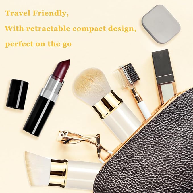 Keriloo Makeup Brush, Retractable 2 Pack Travel Kabuki Powder Makeup Brush, Foundation Face Blush Brushes for Blending Liquid, Blush, Bronzer, Buffing, Sunscreen,Flawless Cosmetics