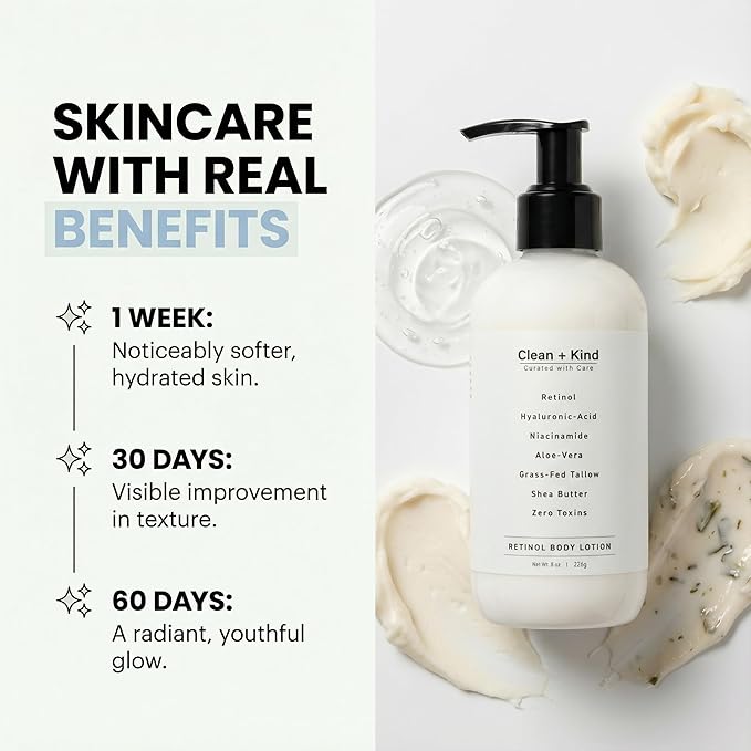 Clean + Kind Firming Retinol Body Lotion for Wrinkles & Crepey Skin – Anti-Aging Moisturizer with Hyaluronic Acid, Niacinamide, Aloe Vera, Shea Butter & Grass-Fed Tallow Skincare