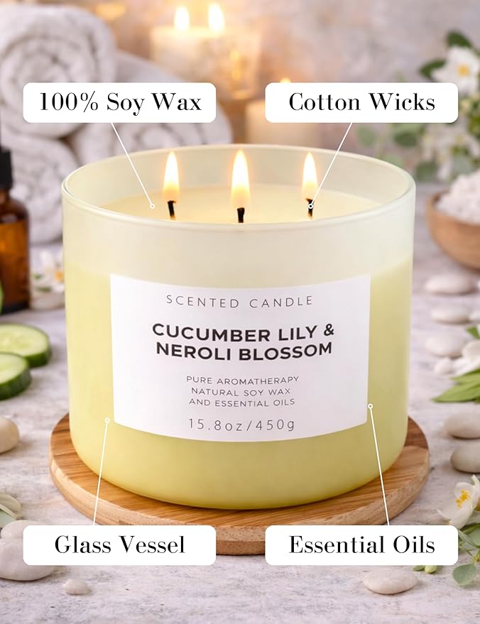 Cucumber Lily & Neroli Orange Blossom 3-Wick Soy Scented Candle, 15.8 oz | Spa Fresh Aromatherapy Candle | Large Scented Candle for Home, Long Lasting & Clean Burning
