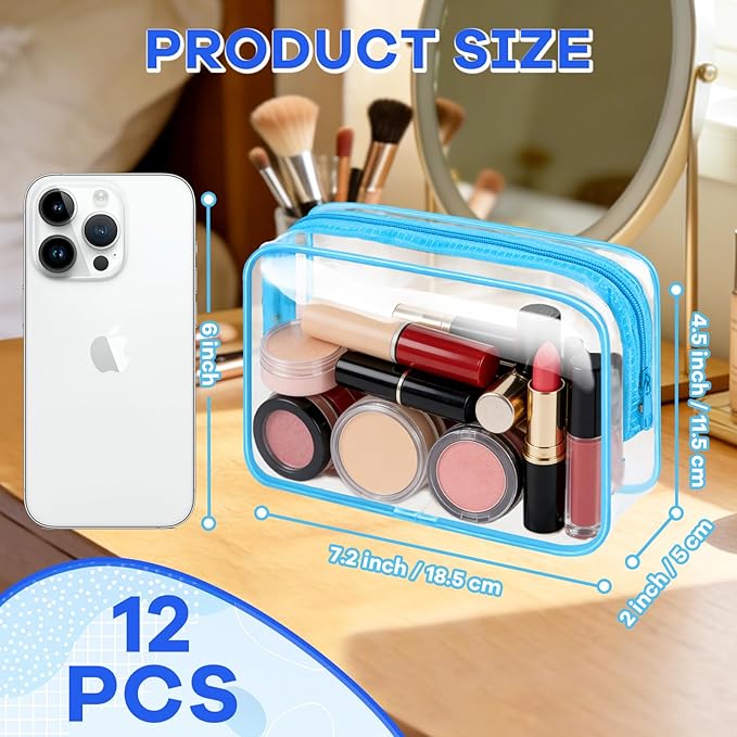 Eilyliafe Clear Cosmetic Bag Transparent Makeup Bag for Women Men Waterproof Travel Makeup Clear Toiletry Organizer Cosmetic Storage Pouch Case with Zipper (12, Blue, Medium)