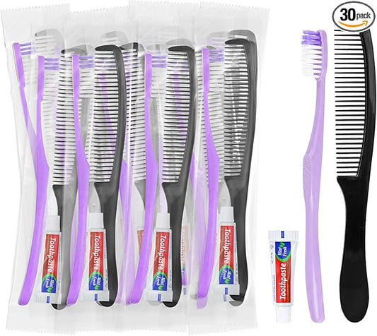 Purple Disposable Toothbrushes with Toothpaste and Comb - Pack of 30,Individually Wrapped Single Use Travel Toothbrushes Kit Bulk for Homeless,Guests,Hotel