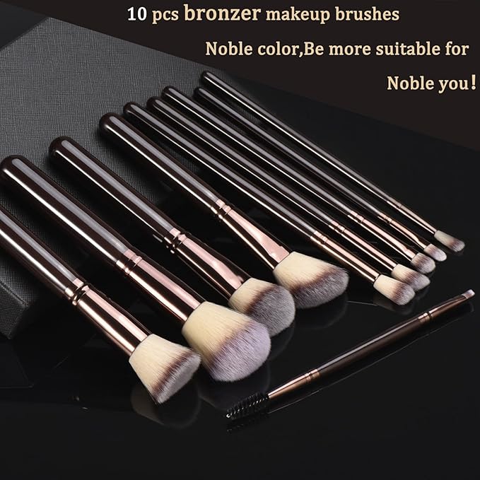 YJ-Anyue 10 Piece Black brown Makeup Brushes and 10 Piece Makeup Sponge – Wooden Handle,with Soft Synthetic Bristles,|Professional Makeup Brushes set for Women & Girls|