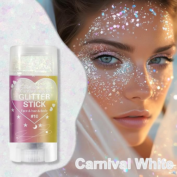 Carnival White Body Glitter Stick, Holographic Hair Glitter for Kids and Women, Waterproof Face Hair and Body Glitter Makeup, Rave Accessories Carnival Chunky Sequins, Sparkling Glitter Makeup