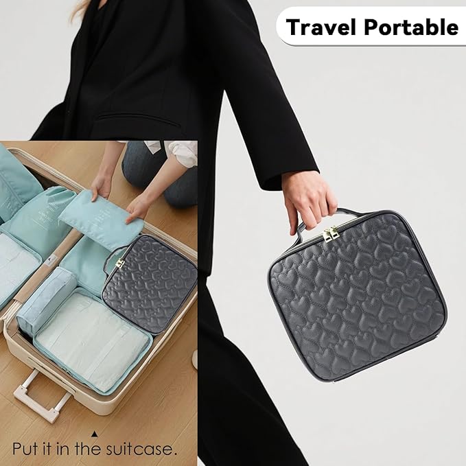 SLUMAZI Travel Makeup Bag Makeup Cosmetic Train Case Organizer Portable Storage Bag with Adjustable Dividers for Cosmetics Makeup Brushes Toiletry Jewelry Heart Pattern