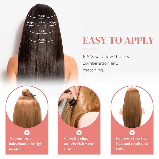 LONAI Clip in Hair Extensions, 6PCS 24" Long Black Brown with Highlight Straight Synthetic Clip On Hairpiece For Women Natural Hair For Daily Use Cosplay Party