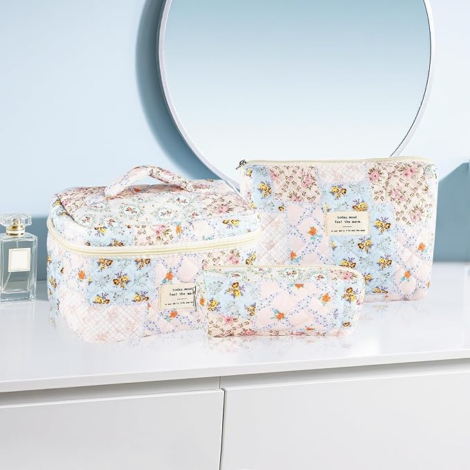 URSKYTOUS 3Pcs Cotton Quilted Makeup Bag for Women Girls Large Small Travel Floral Cosmetic Bags Set Cute Coquette Makeup Pouch for Purse Aesthetic Cloth Bee&Flower Storage Toiletry Bag Organizer