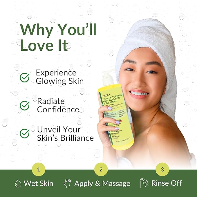 Nasola Lemon Turmeric Kojic Acid Soap Body Wash - Natural Gentle Face & Skin Cleanser with Vitamin C, Shea Butter, Collagen, Niacinamide, Hyaluronic Acid, and Aloe Vera - 11.83 Fl Oz