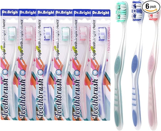 Adult Toothbrushes Medium 6 Pack | Medium Toothbrush for Adults with Tongue Scraper & Ergonomic Handle | Individual Packaging Travel Toothbrush BPA-Free, Assorted Colors