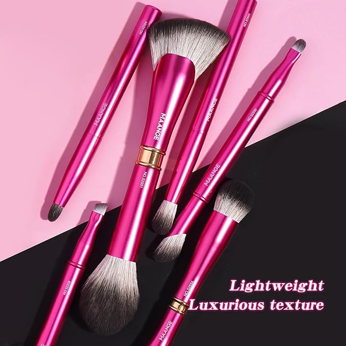 MAANGE Makeup Brushes 12 Pcs Double-ended Kabuki Brush Travel Makeup Brushes for Foundation Powder Concealers Eye Shadows Makeup Tools Set with LED light Mirror (Pink)